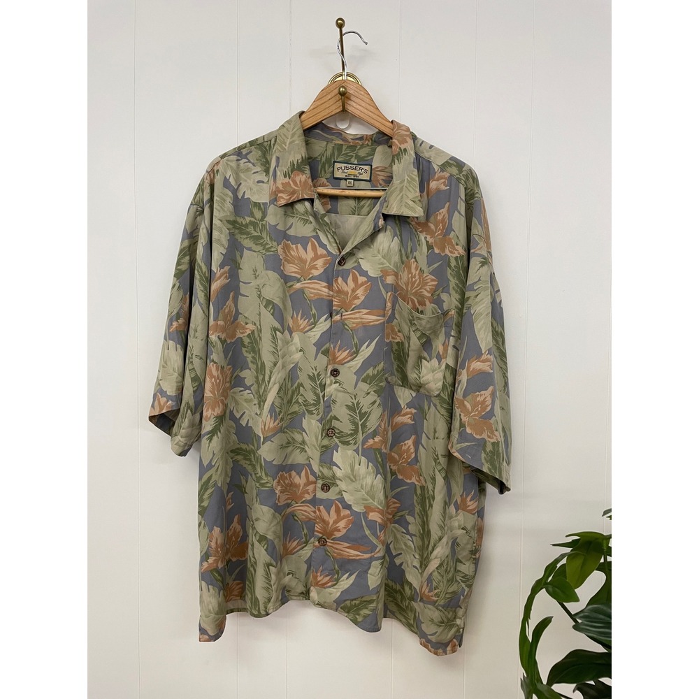 Pussers Island Style Mens XXL Silk Tropical Floral Button Up Shirt Camp Collar